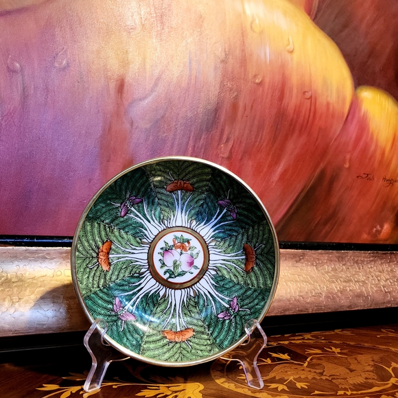 Neiman Marcus Horchow Chinese Export Famille Rose Verte Bok Choy Brass Plate VTG - Picture 9 of 15